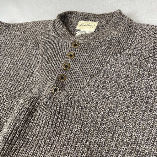 Vintage Eddie Bauer Sweater Mens Large Oatmeal Cable Knit Henley 90s Pullover - Picture 1 of 15