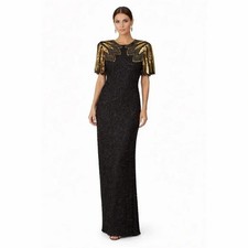 B2  US Vintage 80s Silk Sequined Beaded Art Deco Maxi Gown Winged Sleeves L