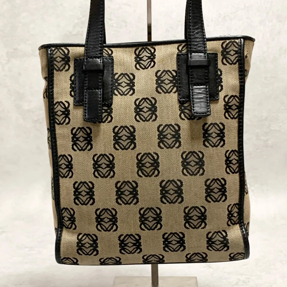 LOEWE Bolso Anagrama Bolso de Mano Cartera Lona Cuero Beige Negro Plata Auténtico Foto 4 de 4