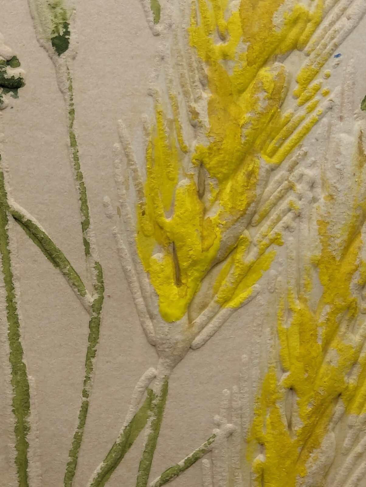 Original Watercolor Embossed Paper Art Blue Wildflowers Yellow Grass