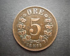 NORWAY BRONZE 5 ORE 1876  / SNIFF'S  ANCIENT COINS T-4