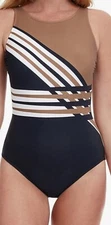 Gottex Ocean Breeze Womens One Piece Swim Suit Sz 12 Brown Blue New $138
