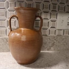 Frankoma Pottery Vase Ribbed Leaf Handled Design #71 Brown Satin