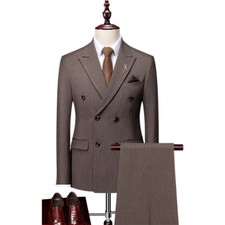 Italian British Style Slim Fit Mens Blazer Double Breasted 3pcs Suits Vest Pants