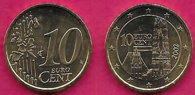 AUSTRIA 10 EURO CENT 2002 UNC St.STEPHEN'S CATHEDRAL SPIRES,RELIEF MAP OF EUROPE