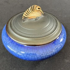 Andrew MacCorkindale Studio Pottery Blue Crackle Glaze Jar Trinket Dish with Lid