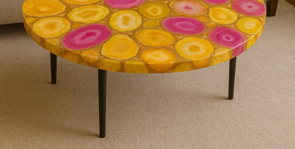 Luxury Yellow and Pink Agate Stone Table | Round Coffee Table for Living Room - Image 3 of 4