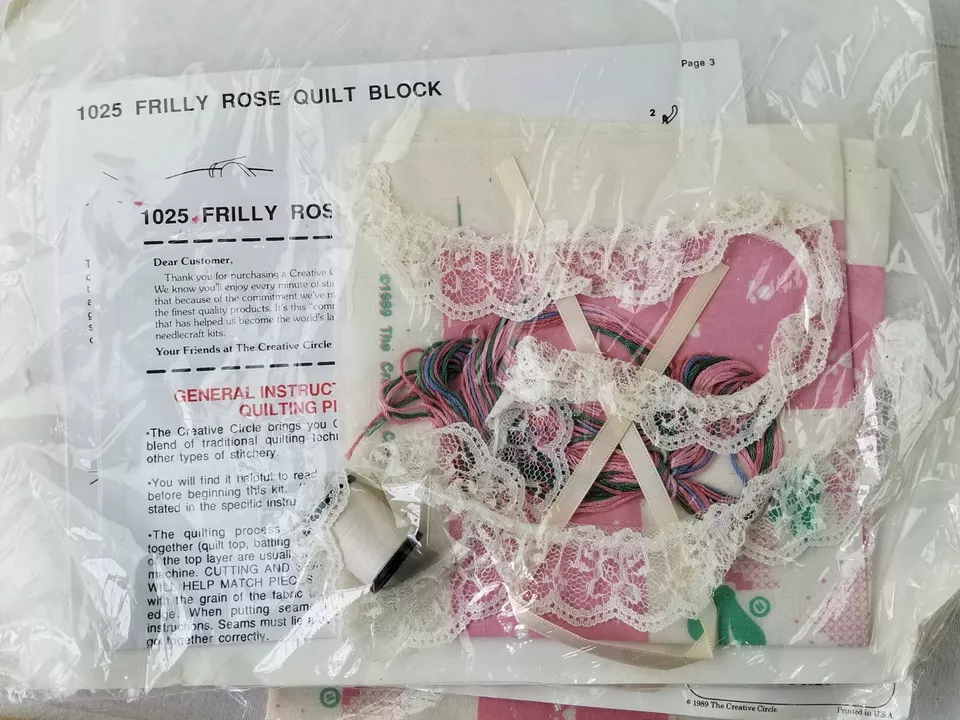 Vintage Creative Circle 1025 Kit Rose Frilly Quilt Block Printed Cross Stitch 9" - Image 3 of 3