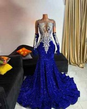 Gorgeous Royal Blue Sequin Mermaid Prom Dresses Crystal Beading With Gloves