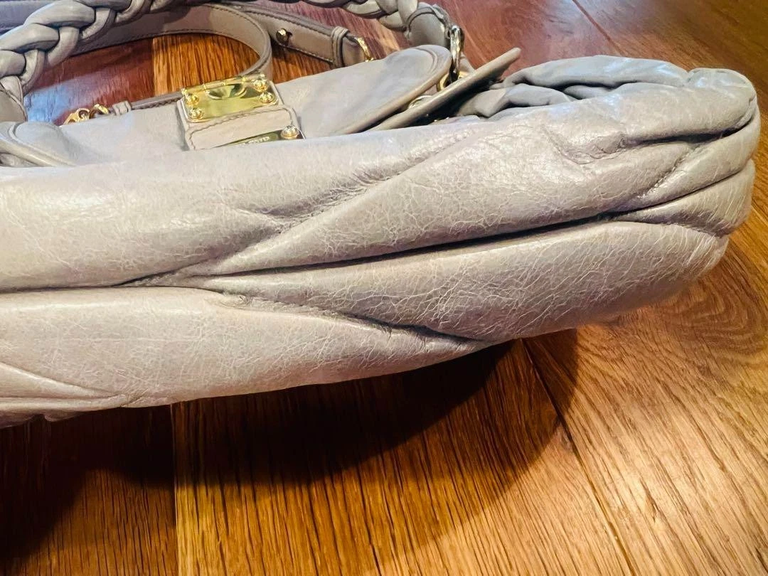 Borsa a tracolla Miu Miu Matelasse borsetta pelle lino beige USATA originale #S2278