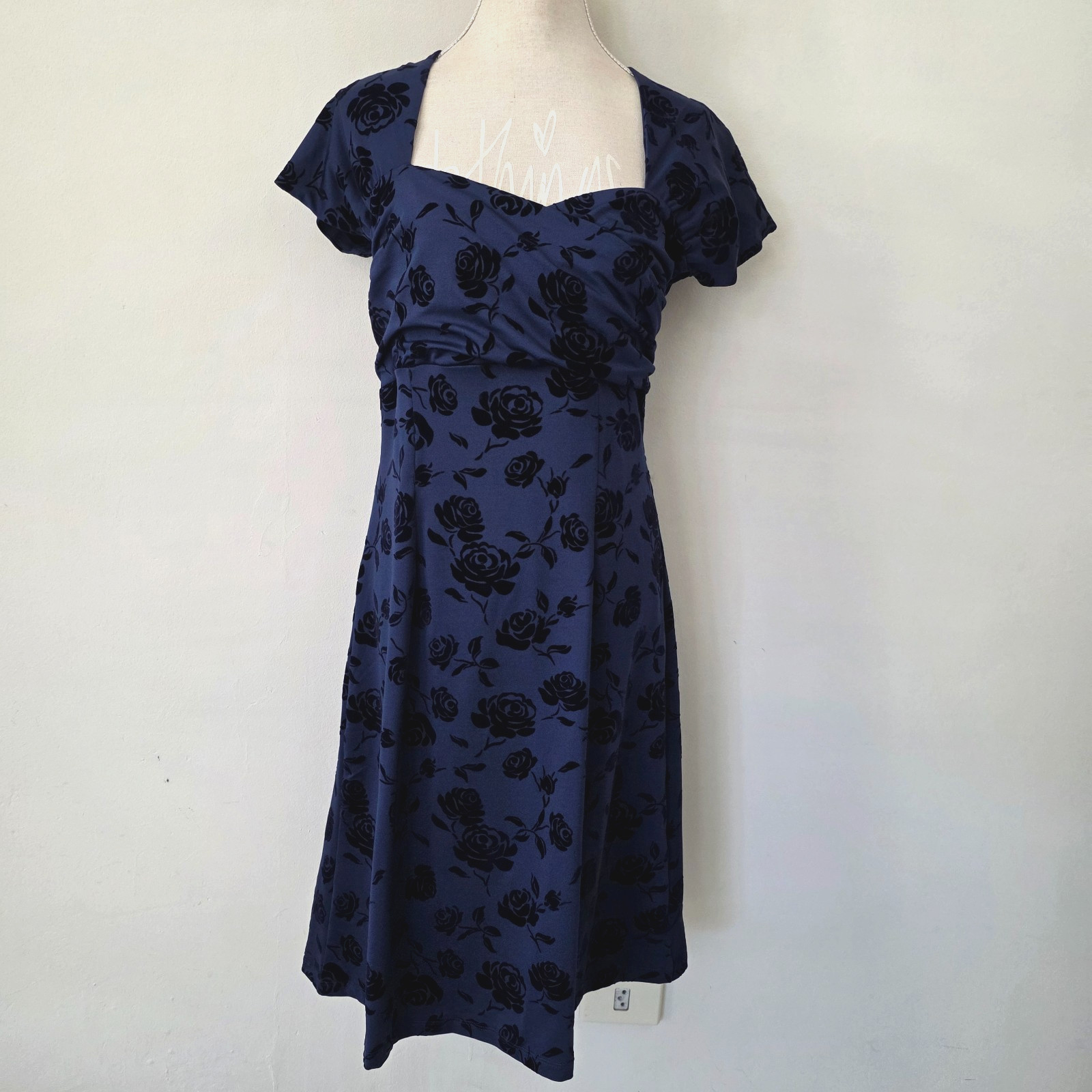 King Louie SZ L Blue Navy Floral Velvet Flocked Dress Retro Fit Stretch Event