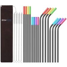 16 Pack Black Reusable Metal Straws with Silicone Tip & Travel Case & Cleanin...