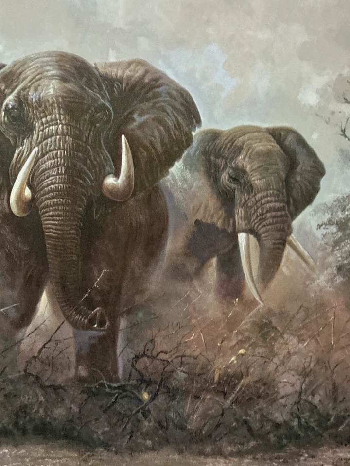 Pintura al óleo original vintage elefantes africanos enmarcada a medida Foto 3 de 4