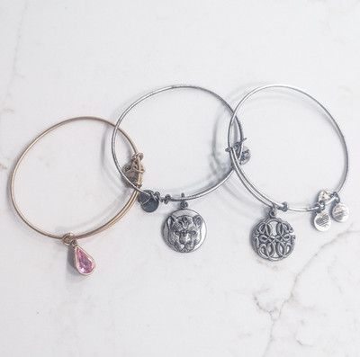 ALEX AND ANI Lot of 3 Adjustable Wire Charm Bangles Silver/Gold Pink Crystal