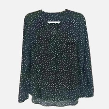 Womens Black Button Down Blouse White Dots Officecore Business Casual Preppy