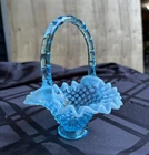 Blue Opalescent Hobnail Art Glass Ruffled Handled Basket Round 6 in