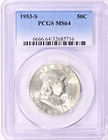 1953-S FRANKLIN 50c PCGS MS 64 VALUE $60 GREAT STRIKE, LUSTROUS BLUE LABEL