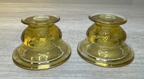 2 - Federal Depression Glass Madrid Amber Yellow Candle Holders Antique 1930's