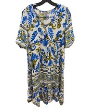 Figueroa & Flower Linen Dress Medium Blue Floral Boho V Neck Puff Sleeve Midi