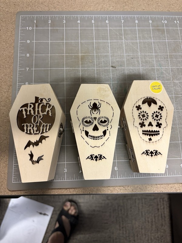 3 Halloween Lite Up Laser Cut Wood Mini Coffins Skulls TrickOrTreat Craft