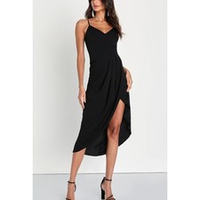 NWT Lulus Black V-Neck Tulip Wrap Midi Dress Adjustable Straps Size Large