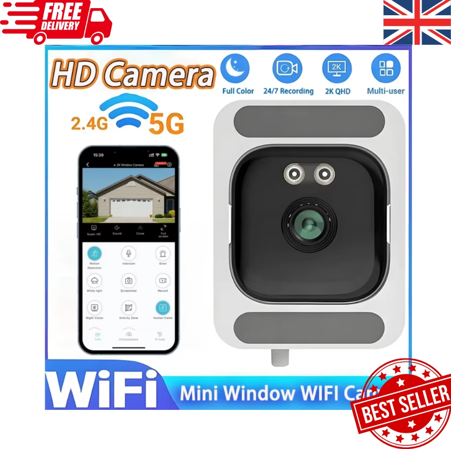 Telecamera Da Finestra 2K WiFi – Visione Notturna A Colori AI, Rilevamento PIR, Antiriflesso, Per Sicurezza Casa