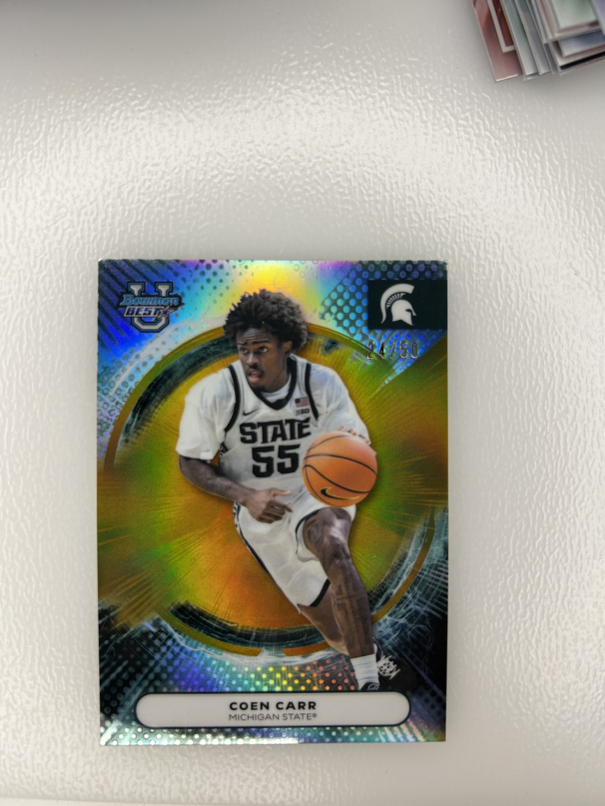 2025-26 Bowman's Best University #43 Coen Carr Gold #/50