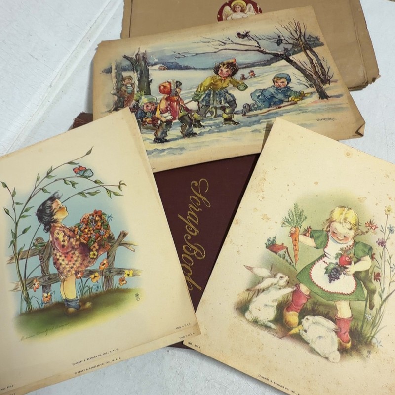 VINTAGE SCRAPBOOK ALBUM & ASSORTED ART PRINTS EPHEMERA COLLECTION