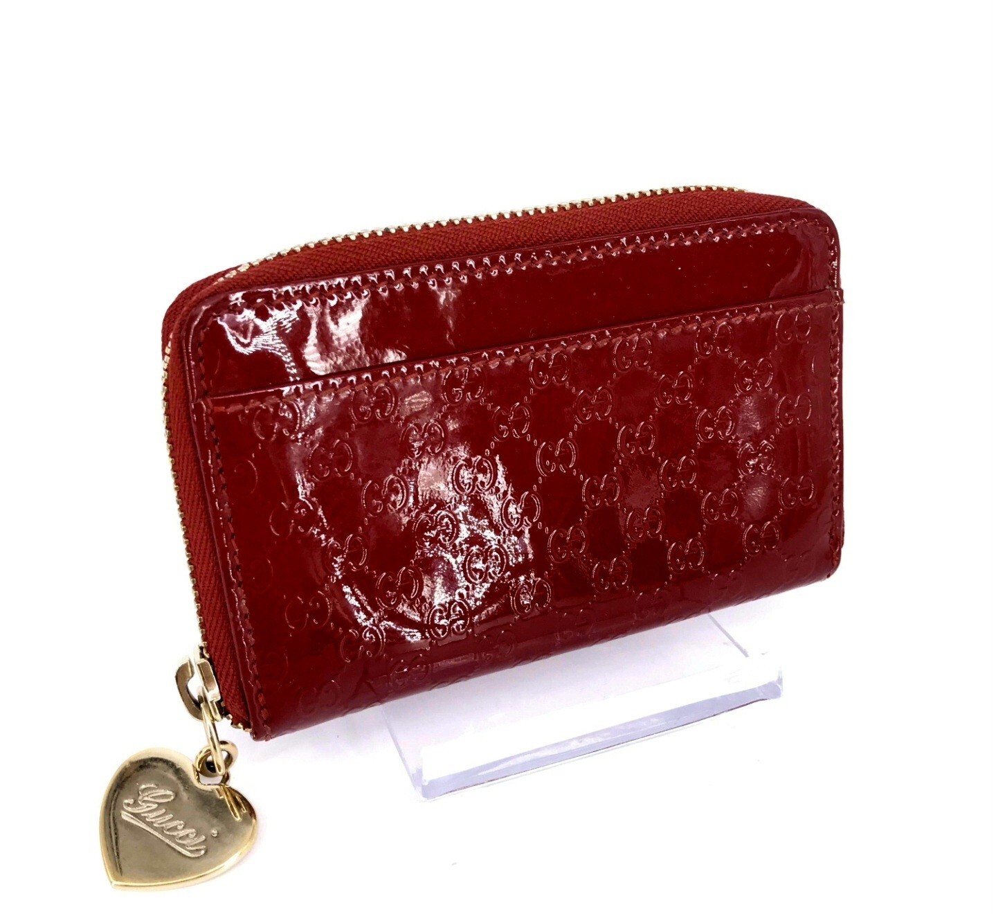 GUCCI Coin Purse Micro Guccissima Red Enamel Wallet Gold w/ Heart Charm image 5