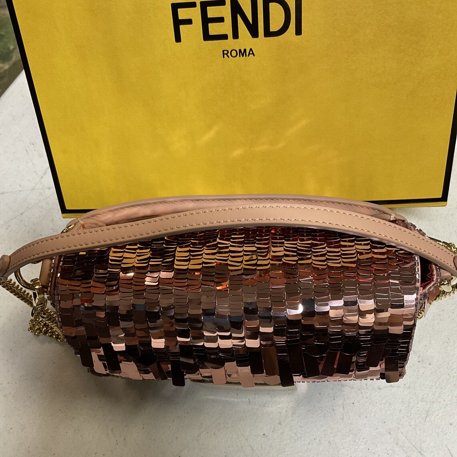 FENDI Sequin Pailettes Shiny Nappa Mini Baguette Baby Pink 1281336