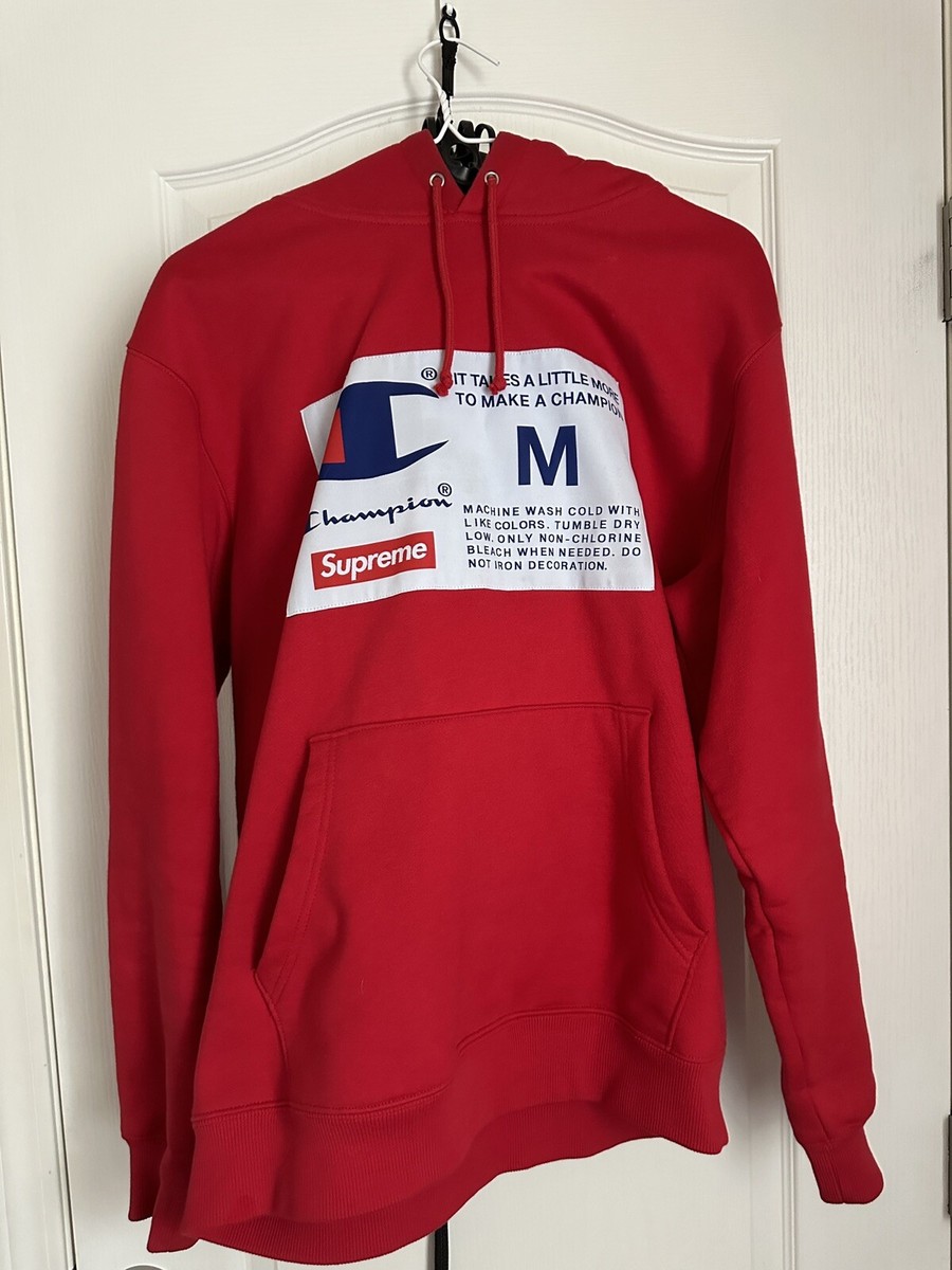 SUPREME x Champion Label Hooded Sweatshirt RED Men's Medium SUPREME x Champion Label Hooded Sweatshirt RED Men's Medium