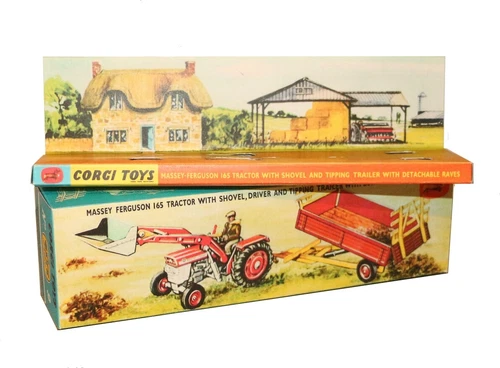 Corgi toys box repro gift set 9 massey 165 tractor with shovel tipping trailer
