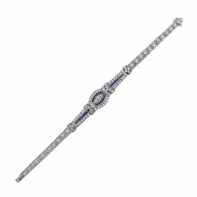 7.24TCW Blue Sapphire With Vivid White Zircon Art Deco Style Engagement Bracelet - Image 4 of 4