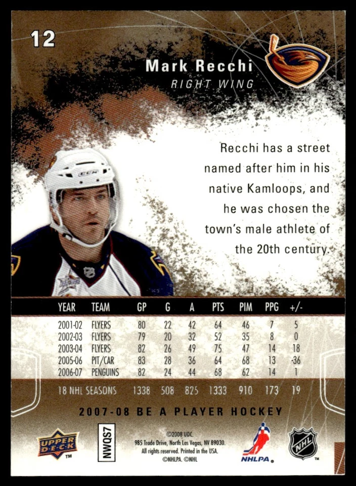 2007-08 Upper Deck Be a Player GOLD Mark Recchi 38/99 Atlanta Thrashers #12 - Image 2 of 2