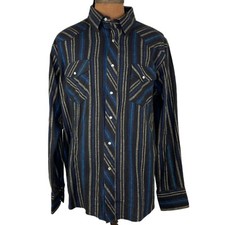 Vintage Wrangler Pearl Snap Mens XL Shirt Long Sleeve Black Striped flannel