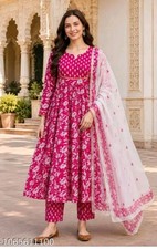 Women Pink Floral Printed Anarkali Kurta Pant Dupatta Set Indian Ethnic XS-XXL