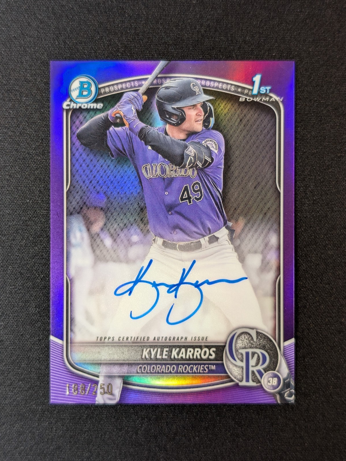 2025 Bowman Chrome Purple Refractor Kyle Karros /250 Auto Rockies 1st Prosp. CPA