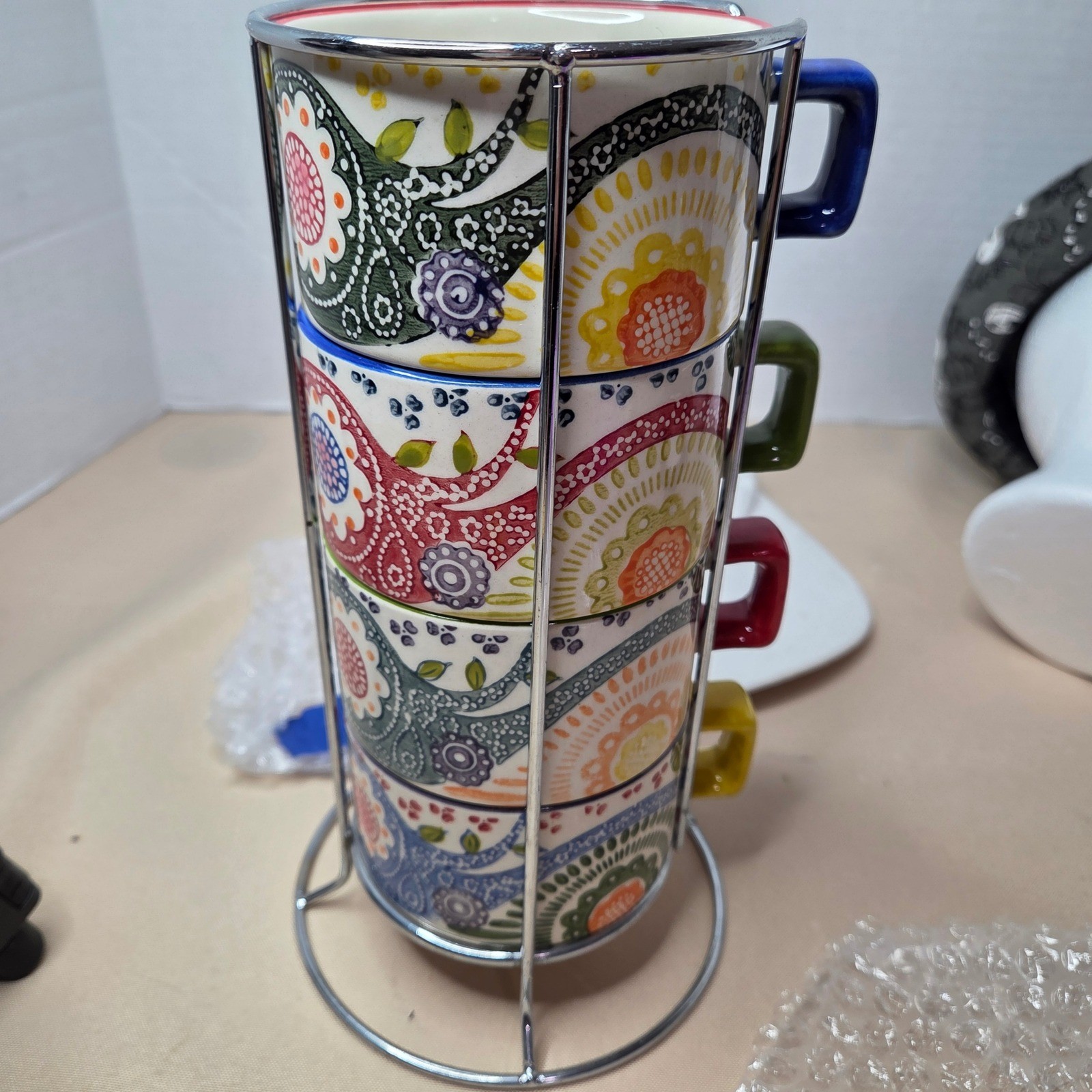 Pier 1 imports Stacking Coffee Mugs with Stand Set of 4 Colorful Floral Design