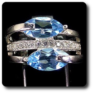 Authentic Minerals And Precious Stones. Blue Topaz Ring 925 Silver + White Gold Plated