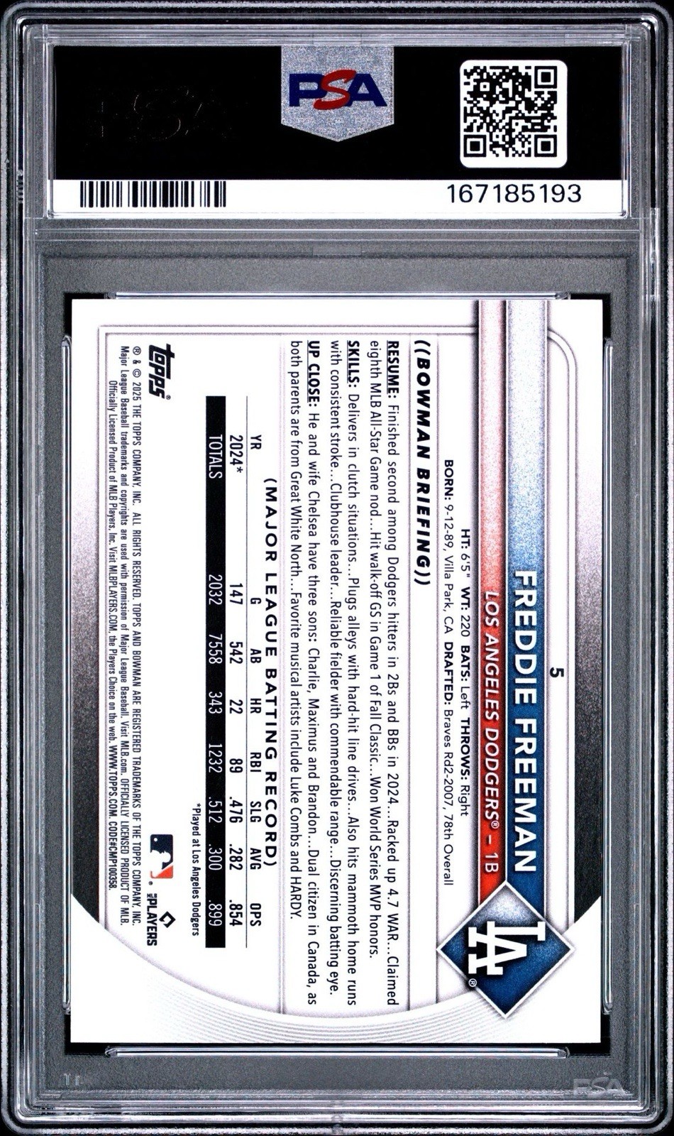 2025 Bowman Freddie Freeman #5 Blue 118/150 PSA 7 NM LA Dodgers Color Match MVP view 2