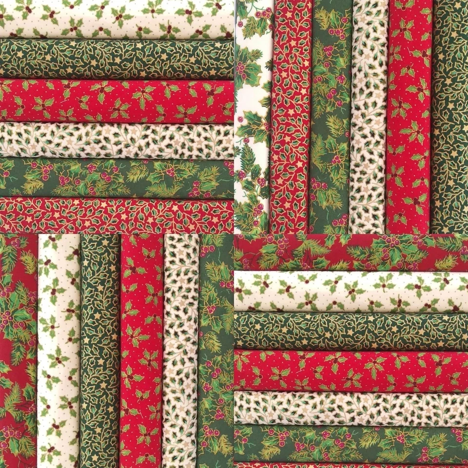 ROSE & HUBBLE & OTHERS HOLLY mix CHRISTMAS COTTON FABRIC PATCHWORK QUILTING SQUARES CHOOSE SIZE