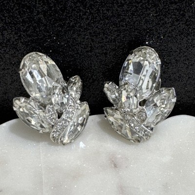Vintage Eisenberg Ice Clip On Earrings Art Deco Floral Leaf Spray Formal 1950 s
