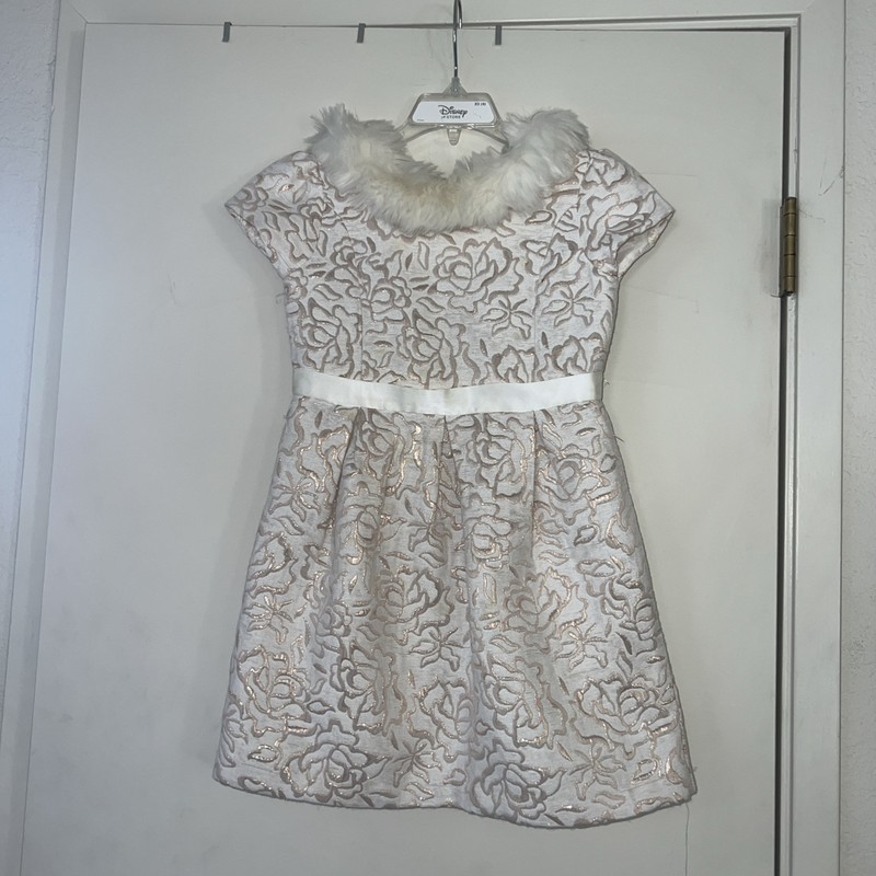 Used Girls Janie & Jack Jacquard Pink Dress White Fur Collar Lined Formal Sz 6 