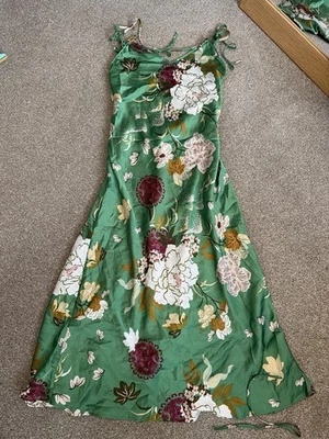 Zara Green Floral Satin Slip Midi Dress Tie Strap Oriental Blossom XS Summer - Image 1 of 4