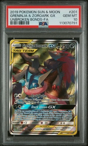 2019 Pokemon Sun & Moon Unbroken Bonds Greninja & Zoroark GX 201/214 PSA 10