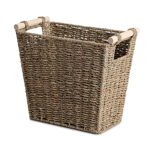Seagrass Waste Basket for Living Room, Wicker Trash Can with Wooden Handles for  - Afbeelding 1 van 7