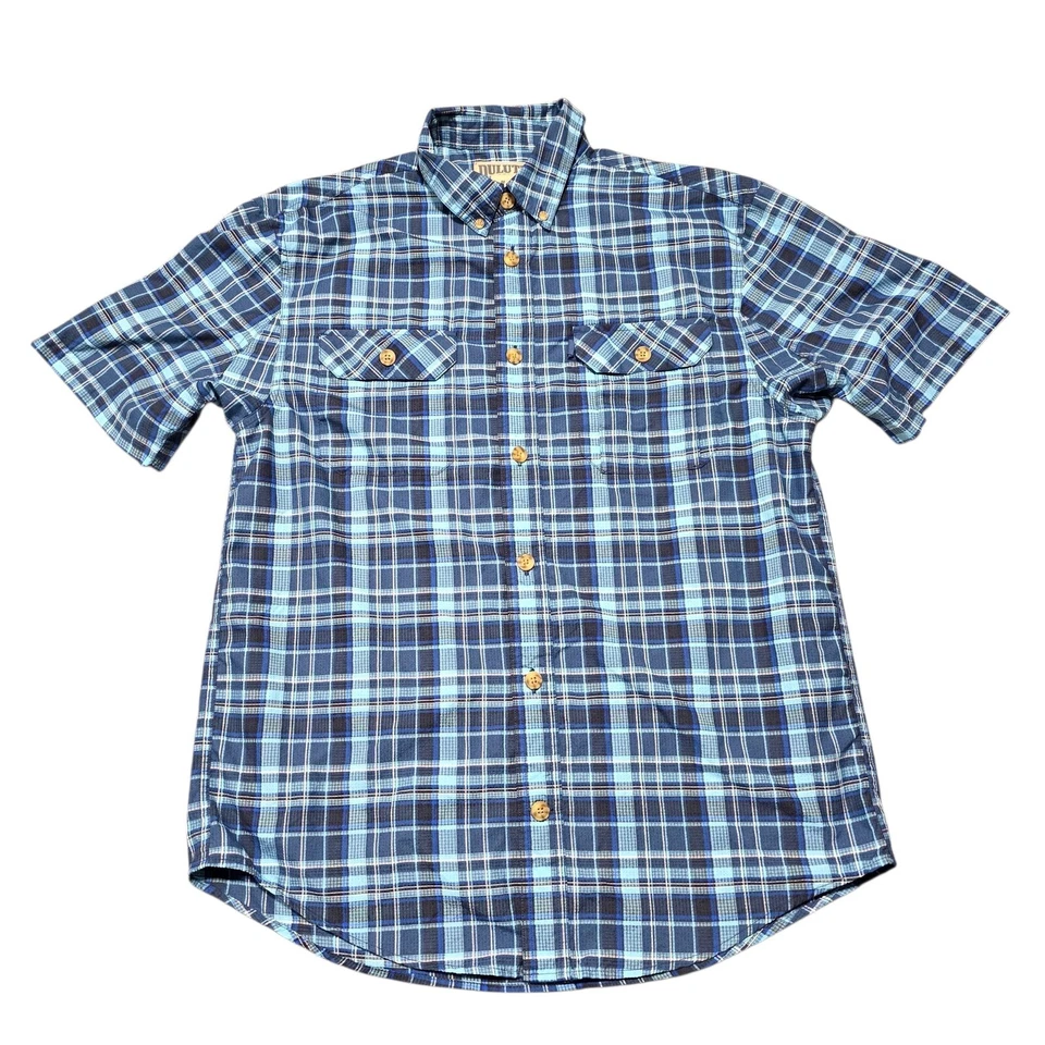 Duluth Trading Plaid Button Up Short Sleeve Work Shirt Blue Mens Medium - Image 2 of 4