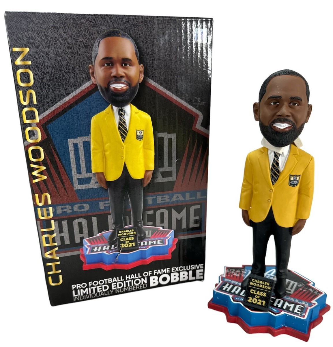 CHARLES WOODSON Signed Oakland Raiders NFL Gold Jacket Bobblehead