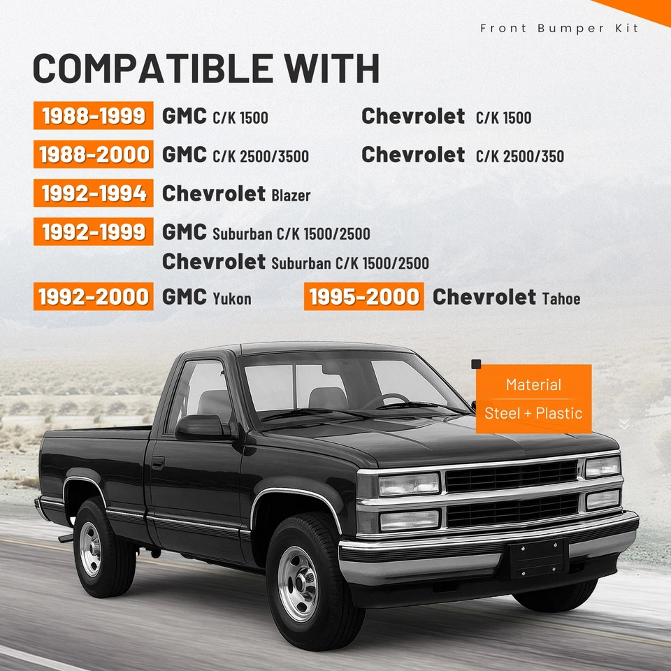 Front Bumper Kit Chrome For Chevrolet GMC C/K 1500 2500 3500 Yukon 1988-2000 - Image 2 of 4