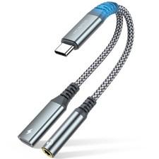 USB C to 3.5mm Headphone and Charger Adapter,PD 60W 2-in-1 Type C Aux Grey